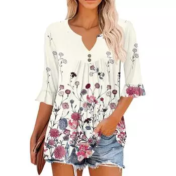 3/4 рукава топы для женщин повседневные оборки V-образный вырез футболки рабочие блузки нарядные туники топы S хаки