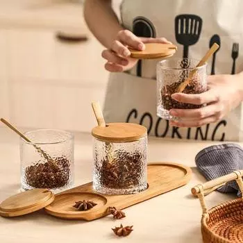 3/4 шт. стеклянные банки для приправы для соли и перца с бамбуковой крышкой и ложкой, органайзер для хранения специй, стеклянные банки и крышки для бутылок