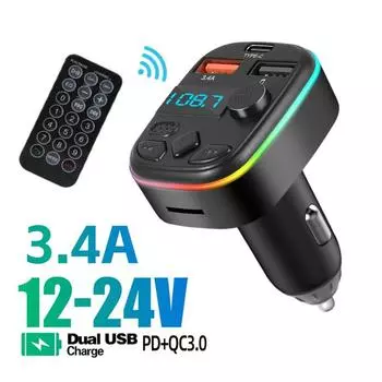 3.4A Автомобильное зарядное устройство с двумя портами USB Type C PD Быстрая зарядка Беспроводной FM-передатчик Автомобильный MP3-плеер Bluetooth-адаптер громкой связи с пультом дистанционного управления without Remote control