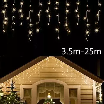 3,5-25 м светодиодные гирлянды, занавески, сосульки, гирлянды, рождественские огни, гирлянды для новогодней вечеринки, сада, свадьбы, террасы, украшения дома 3.5M теплый белый