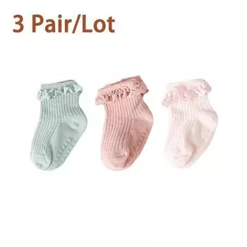 3/5Pair/Lot New Baby Children s Non-slip Autumn Winter Cotton Socks Solid Color Baby Foot Socks Girls Breathable Ruffled Socks XS (0-6 months)