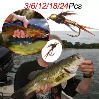 3/6/12/18/24 шт., медная мушка, латунная голова, нимфа, камень, нахлыстовая наживка для ловли форели # 10, рыболовная наживка 3Pcs