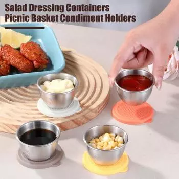 3/6 шт. Контейнеры для соуса, заправки для салата, 50 мл, многоразовые герметичные контейнеры для соуса из нержавеющей стали с силиконовыми крышками для заправок и приправ 3pcs