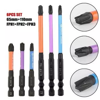 3/6PCS 65/110mm Cross Drill Bit Head Screwdriver Bits Magnetic Special Slotted Screwdriver Bit For Electrician FPH2 Hand Tools