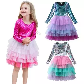 3-8 лет Дети Девочки Длинные рукава Сетчатая юбка с узором рыбья чешуя Платье для девочек О-образный вырез Туту Платье 100