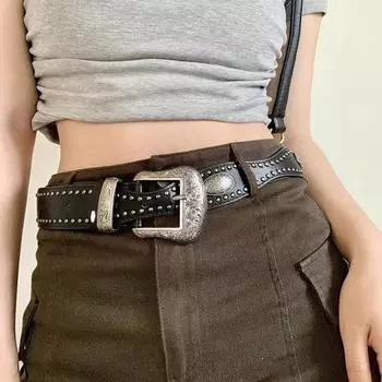 3.8x115см ПУ Винтажный Пояс Регулируемый Сплав Черный Y2K Ремень Поясная Печать Широкий Ремешок Пряжка Крутой Черный Ремень с Заклепками