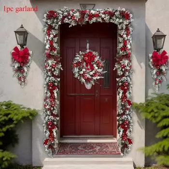 3,9-футовая рождественская гирлянда для входной двери, рождественская флокированная сосновая хвоя, красные ягоды, шишки, шары, гирлянда, украшение для рождественской вечеринки, праздничного домашнего декора 3.9ft красный