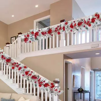 3,9-футовая рождественская гирлянда для входной двери, рождественская флокированная сосновая хвоя, красные ягоды, шишки, шары, гирлянда, украшение для рождественской вечеринки, праздничного домашнего декора 3.9ft красный