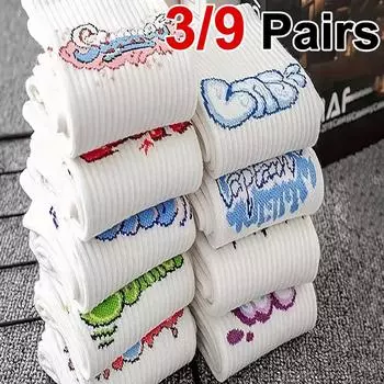 3/9 пар мужских носков с круглым вырезом и принтом граффити, впитывающих пот, дышащих, удобных, уличных, повседневных, для пары, в уличном стиле One Size