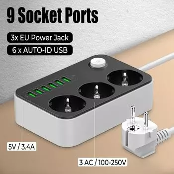 3 адаптера переменного тока, универсальные розетки 5 В, 3,4 А, 9 в 1, 6 USB-зарядных устройств, розетки с вилкой европейского стандарта, удлинитель USB-удлинителя, кабель 2 м, 100–250 В