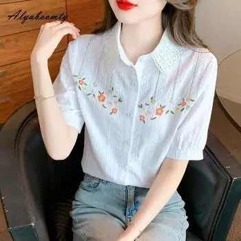 3 цвета, летняя женская блузка во французском стиле с отложным воротником и кружевом, белая, синяя, розовая, свободная хлопковая рубашка с цветочной вышивкой S синий