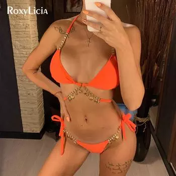3 цвета, сексуальное блестящее бикини с бриллиантами, женские купальники, женский купальник, комплект бикини из двух частей, купальный костюм с лямкой на шее S оранжевый