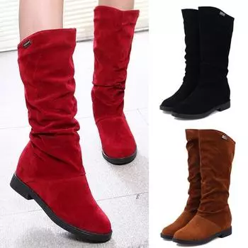 3 цвета, женские туфли из флока из нубука, однотонные туфли до середины икры на плоской подошве, зимние теплые сапоги 40 чёрный