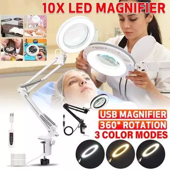 3 цветовых режима Источник питания 10-кратное увеличительное стекло Настольная лампа Складная лупа с подсветкой USB Светодиодные лампы для чтения Белый/Черный белый