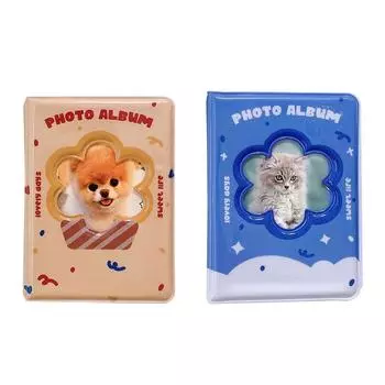 3-дюймовый мини-фотоальбом с полыми цветами, собаками, кошками, животными, держателем для удостоверения личности, визитной карточкой, книгой, держателем для хранения фотокарточек синий