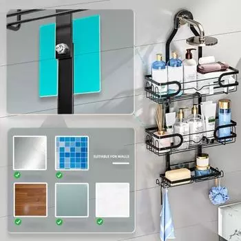 3-х уровневая душевая кабина Простая установка Подвесной органайзер для душа Большая вместительная настенная нержавеющая полка для душа с крючками для губки для полотенец чёрный