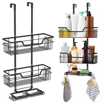 3-х уровневая наддверная душевая кабина подвесная корзина без сверления ванная комната шампунь гель для душа органайзер полка крючки для полотенец мыльница чёрный