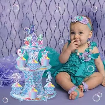 3-х уровневая подставка для кексов с русалкой, украшение для тематической вечеринки, держатель для торта, стеллаж для хранения десертов, башня, детский душ, принадлежности для дня рождения для девочек светло-синий