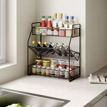 3-х уровневая полка для специй, кухонная полка-органайзер для хранения на столешнице, металлическая полка для хранения приправ с ограждением и сетчатым дизайном для кухни, столешницы Flat bottom