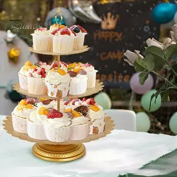 3-х уровневая стойка для кексов, стойка для демонстрации десертов, устойчивая, большая вместимость, простая сборка, многоуровневый поднос для сервировки, праздничные принадлежности золотистый