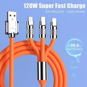 3 In 1 120W/100W USB Fast Charging Cable For iPhone Max 1.2M Cord C Wird Pro Type to U E1K5 orange-120w