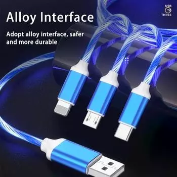 3 In 1 3A Fast Charging Glowing LED Light Micro USB Type C Cable For iPhone Samsung Xiaomi Redmi Phone Charger USB Cable 1.2m синий