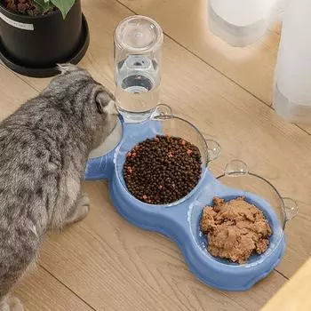 3-in-1 Cat Bowl Automatic Safe Pet Cat Food Water Feeder Anti-dumping Three Bowl Feeder Container for Puppy Kitty Pet Supplies синий