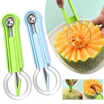 3 в 1 ложка для дыни, нож для нарезки фруктов, многофункциональный инструмент из нержавеющей стали, многоразовый инструмент для удаления сердцевины фруктов, кухонные принадлежности 1pc синий