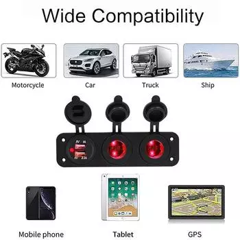 3 IN 1 Panel Dual Cigarette Lighter Socket 3.1A Dual USB Car Charger Power Outlet Adapter Waterproof for Boat Camper Caravans красный