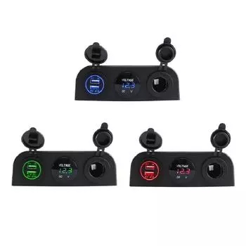 3 in 1 Tent Base Dual USB Car Charger Socket Power Outlet LED Digital Voltmeter Cigarette Lighter Socket for Truck Car Marine красный