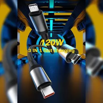 3 In 1 USB Charge Cable Micro USB Type C Cable 120W Fast Charging Digital Display Cord For iPhone 15 14 Samsung S23 Xiaomi OPPO Phone 1.2m чёрный