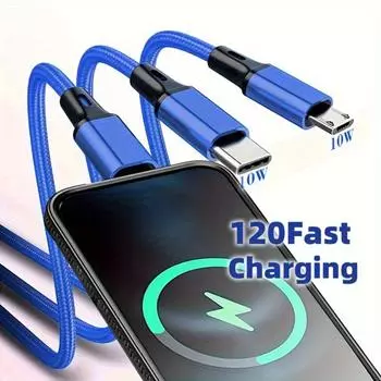 3 в 1 USB-кабель для быстрой зарядки Type C Micro IOS Multi Charger Cable для iPhone Huawei Samsung Нейлоновый плетеный шнур синий