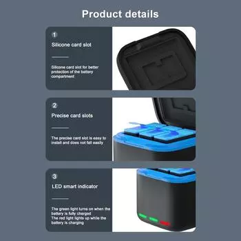 3-канальное зарядное устройство с кабелем Type C, 2 слота SD для GoPro Hero 12/11/10/9