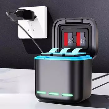 3-канальное зарядное устройство с кабелем Type C. Быстрое зарядное устройство. Зарядное устройство для быстрой зарядки Go Pro Hero 8, 7, 6, 5. Аксессуары для камер.