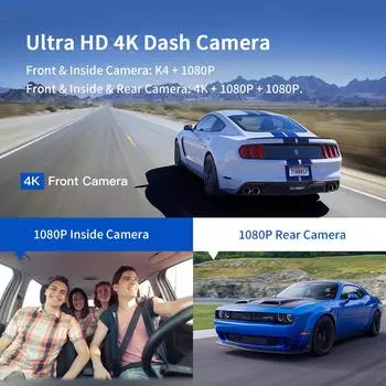 3-канальный видеорегистратор спереди внутри сзади трехсторонний автомобильный видеорегистратор 4K+1080P двухканальный с GPS WiFi ИК ночное видение DVR черный ящик None