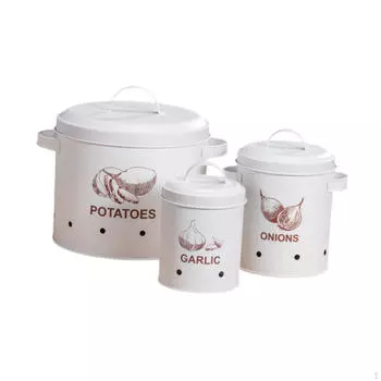 3 контейнера для хранения овощей, включая чеснок, картофель и лук белый