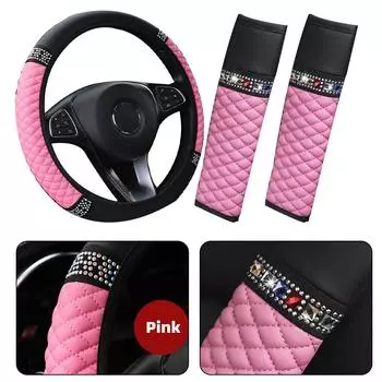 3 кожаный чехол на руль автомобиля со стразами и наплечниками розового цвета