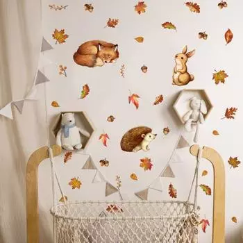 3 листа осенние наклейки на стену с животными, ручная роспись, мультяшный ежик, лиса, кролик, кленовые листья, самоклеящиеся, водонепроницаемый, съемный из ПВХ, для гостиной 3pcs