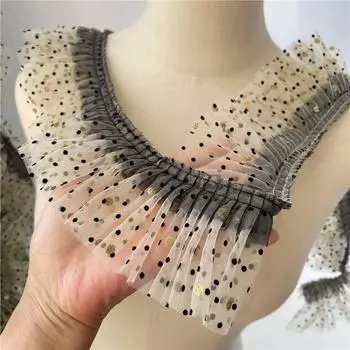 3 метра/партия, 8 см в ширину, бежевая сетчатая ткань в черный горошек/бронзовые золотые горошек, складки, кружевная отделка, аксессуары для платьев для домашних животных/кукол