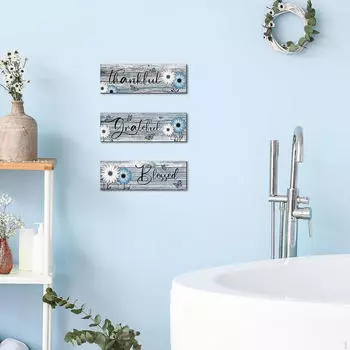 3 Pack Rustic Wooden Sign, Hanging Wall Farmhouse Vintage Decor Art for Living Blue White