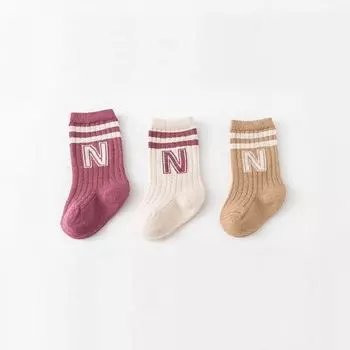 3 Pairs Baby Socks Cotton Breathable Striped Letter Pattern Toddler Kids Boys Girls Socks S 0-1Y 8-11cm
