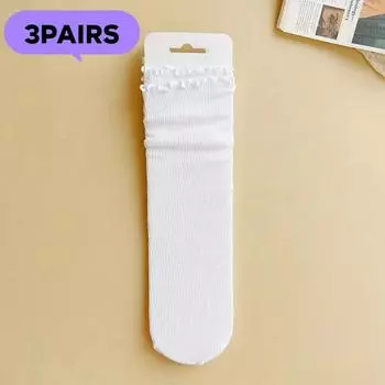3 Pairs/lot Women Ruffle Lace Cute Socks Polyester Cotton Loose Autumn Winter Knitting Solid Color Long Breathable Mid Tube Sock One Size