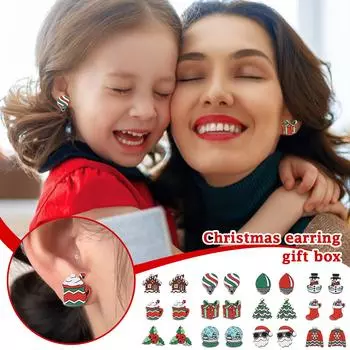 3 Pairs Of Christmas Tree Gift Box Earrings Set Wooden Christmas Party Gift Earrings Set One Size