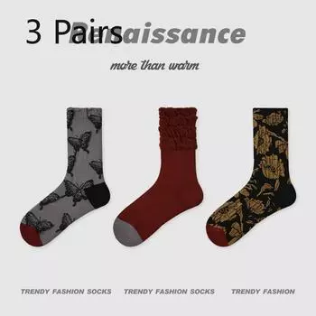 3 Pairs of Female Autumn Butterfly Flower Small Design Sense In The Tube Socks 3 Pairs