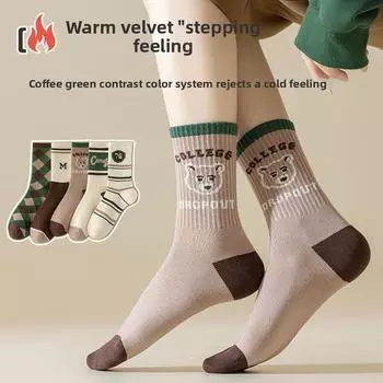 3 Pairs of Women Retro Trend Assorted Cartoon Letter Diamond Sports Warm Sweat Absorption Tube Socks 3 Pairs