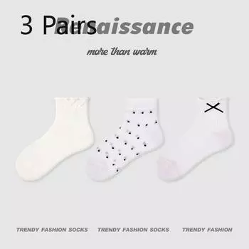 3 Pairs of Women s Summer Thin Bowknot Wooden Ear Lace Ballet Style White Cotton Socks 3 Pairs