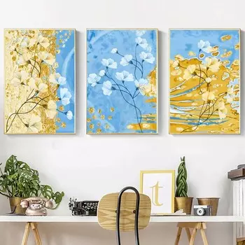 3 панели, абстрактная картина на холсте, пейзаж, синие и желтые цветы, постеры и принты, фотографии для гостиной, домашний декор, без рамки 21cm30cm NoFrame