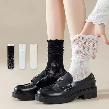 3 пары дышащих ажурных женских гольфов до середины икры с оборками, тонких для лета One Size