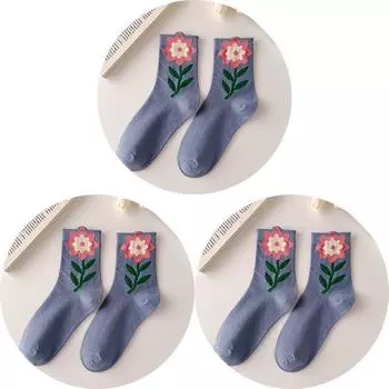 3 пары хлопковых женских носков, повседневные, дышащие, в японском и корейском стиле, с мультяшным цветочным принтом, конфетных цветов, модные женские носки средней длины EUR33-39(US 3-7.5)
