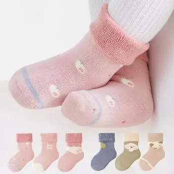 3 пары/комплект детских носков, мягкие хлопковые утолщенные теплые носки средней длины для мальчиков и девочек, для новорожденных, милые детские носки-тапочки с принтом, осень-зима S розовый